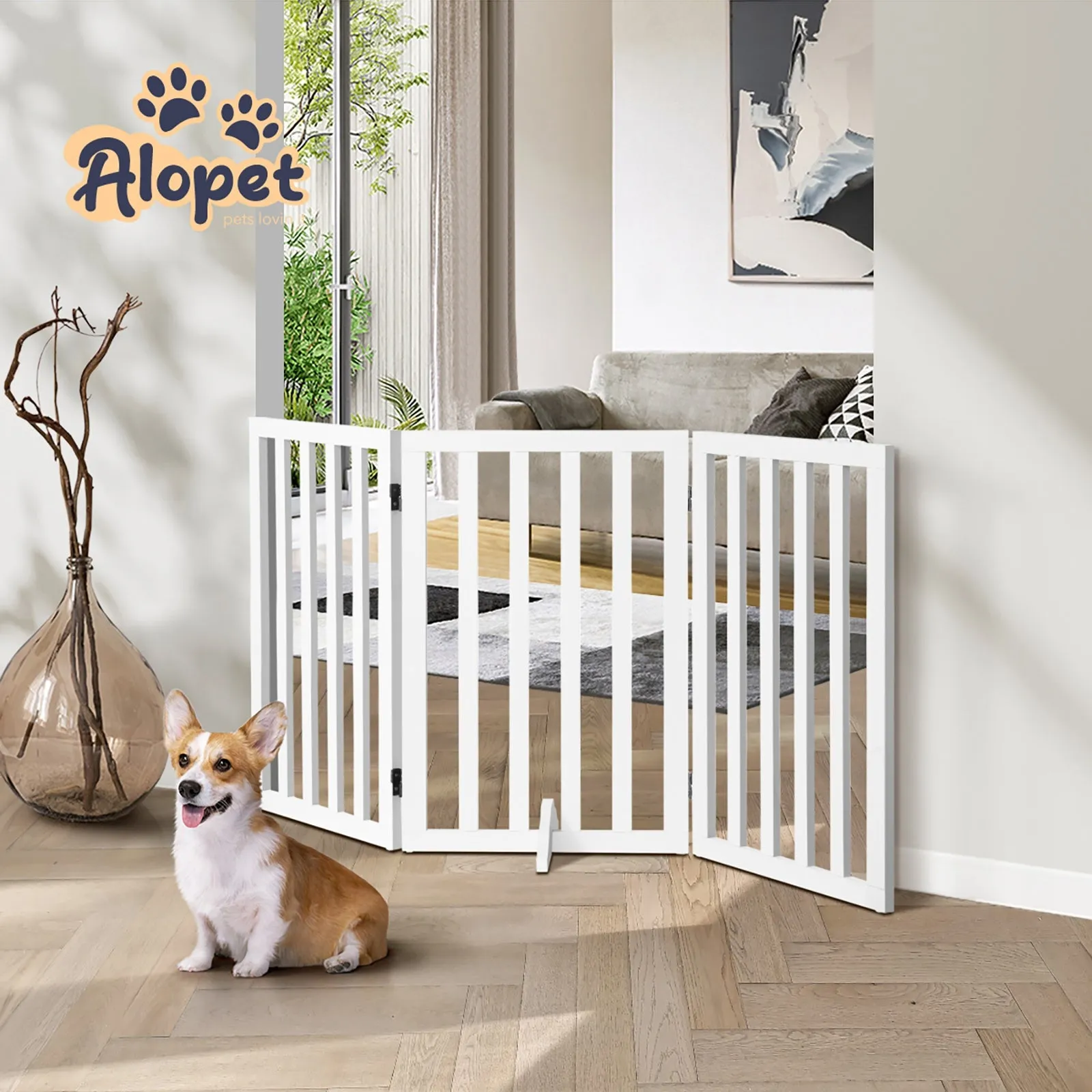 Alopet Wooden Pet Gate Dog Fence Safety Stair Barrier Security Door 3-Panel 80cm