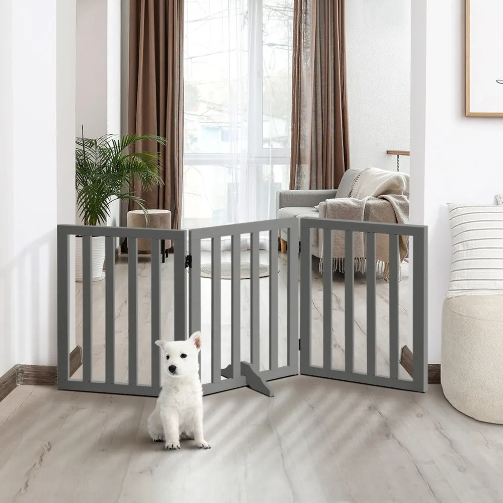 Alopet Wooden Pet Gate Safety Stair Barrier 3-Panel Grey