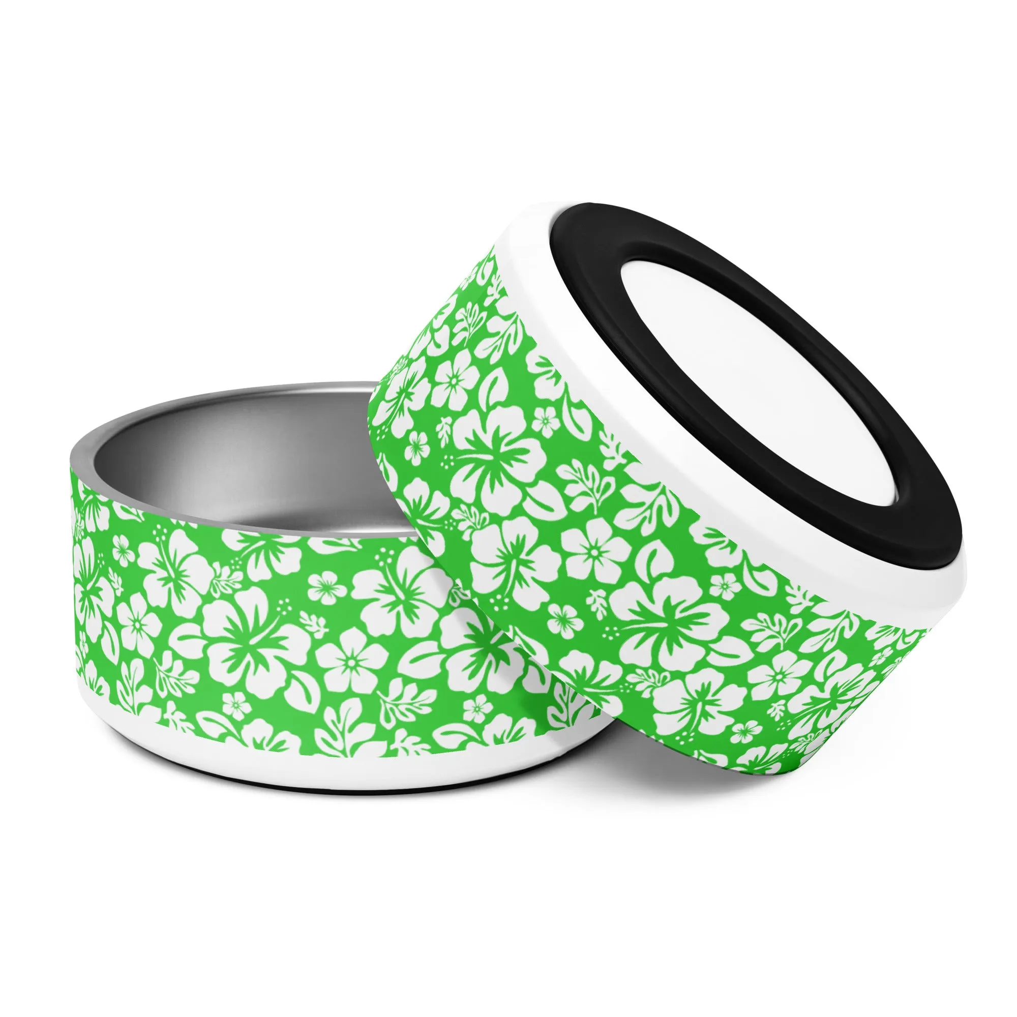 Lime and White Hawaiian Flowers Pet Bowl