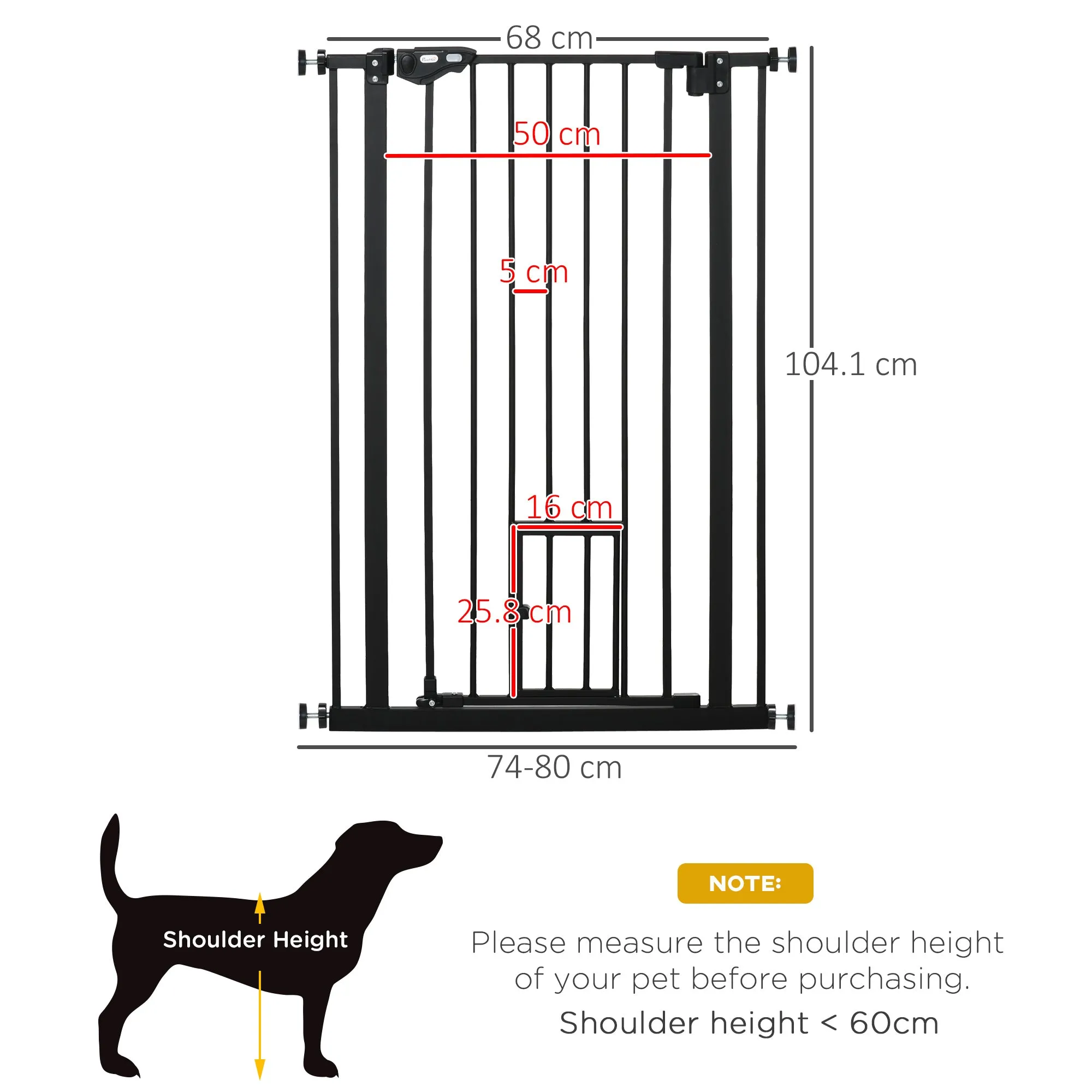 PawHut Extra Tall Dog Gate with Cat Door Auto Close for Stairs 74-80 cm Wide