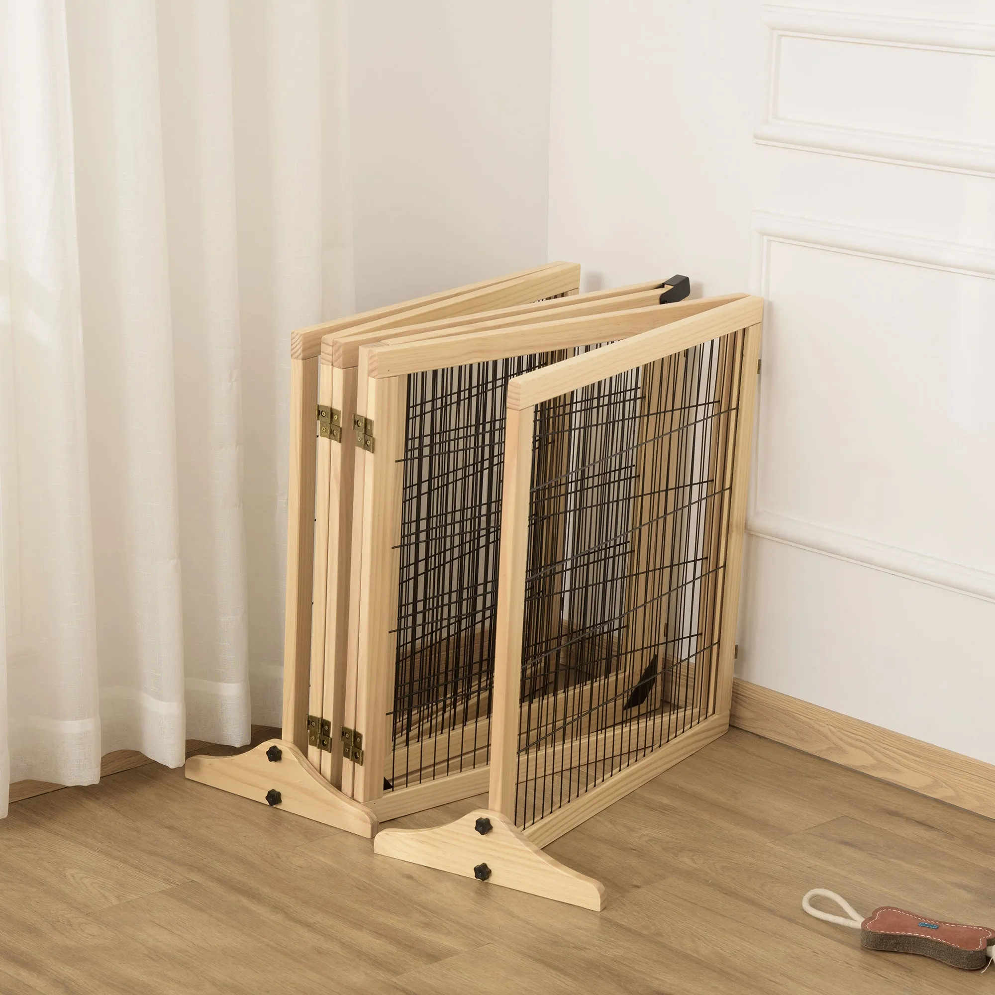 PawHut Freestanding Pet Dog Gate, Six-Panel Foldable Wooden Playpen, 432cm
