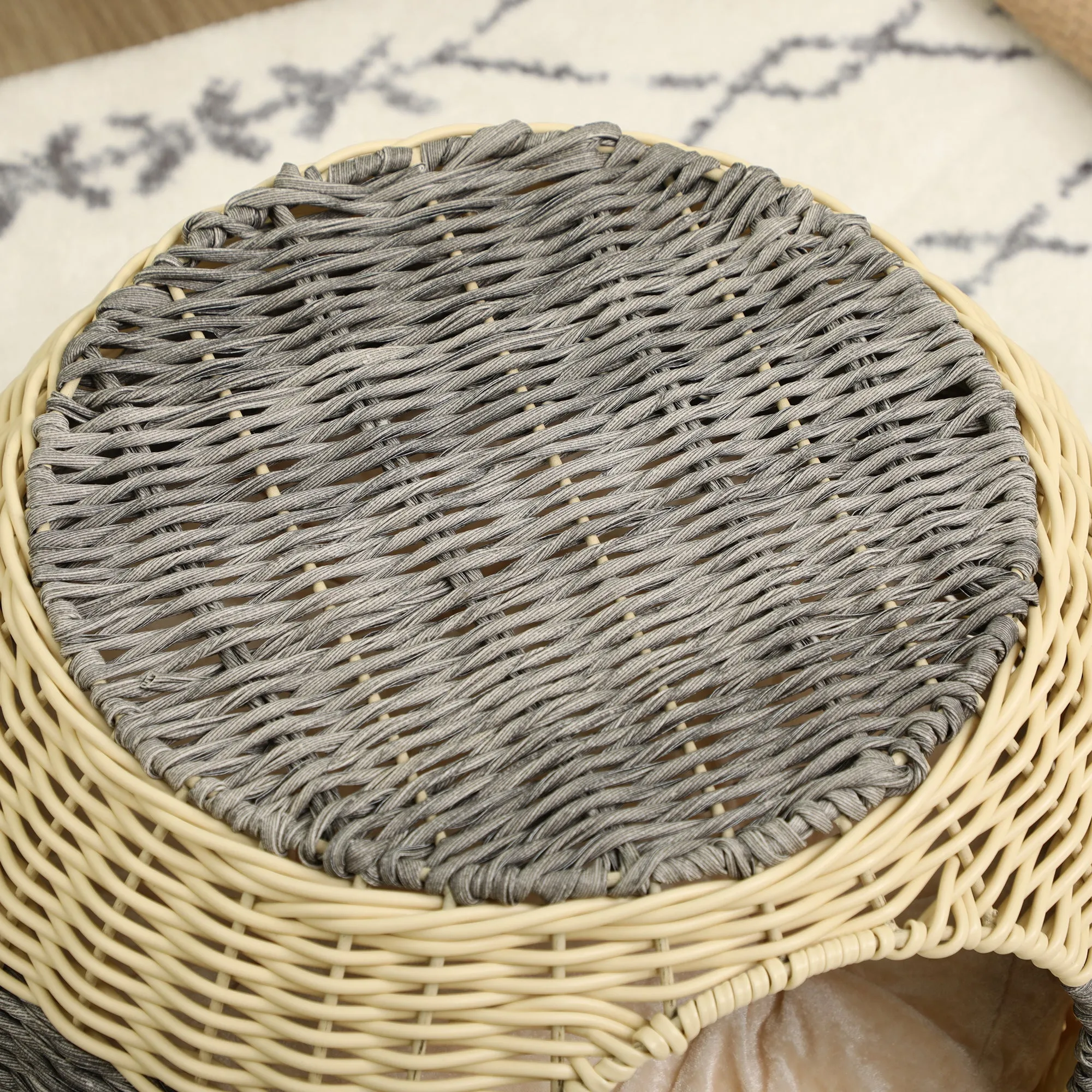 PawHut Wicker Cat House, Rattan Raised Cat Bed w/ Soft Cushion, ?40 x 30cm