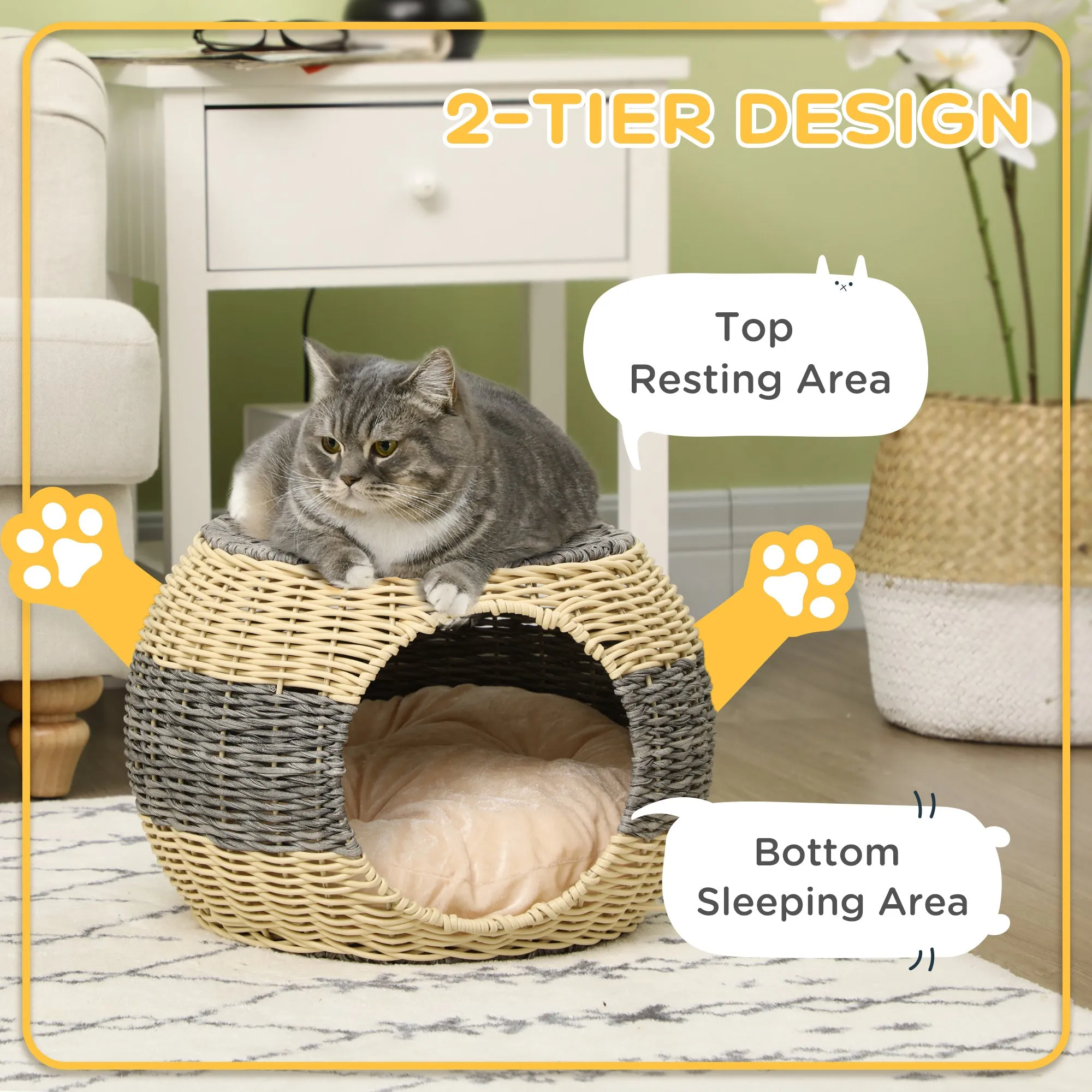 PawHut Wicker Cat House, Rattan Raised Cat Bed w/ Soft Cushion, ?40 x 30cm