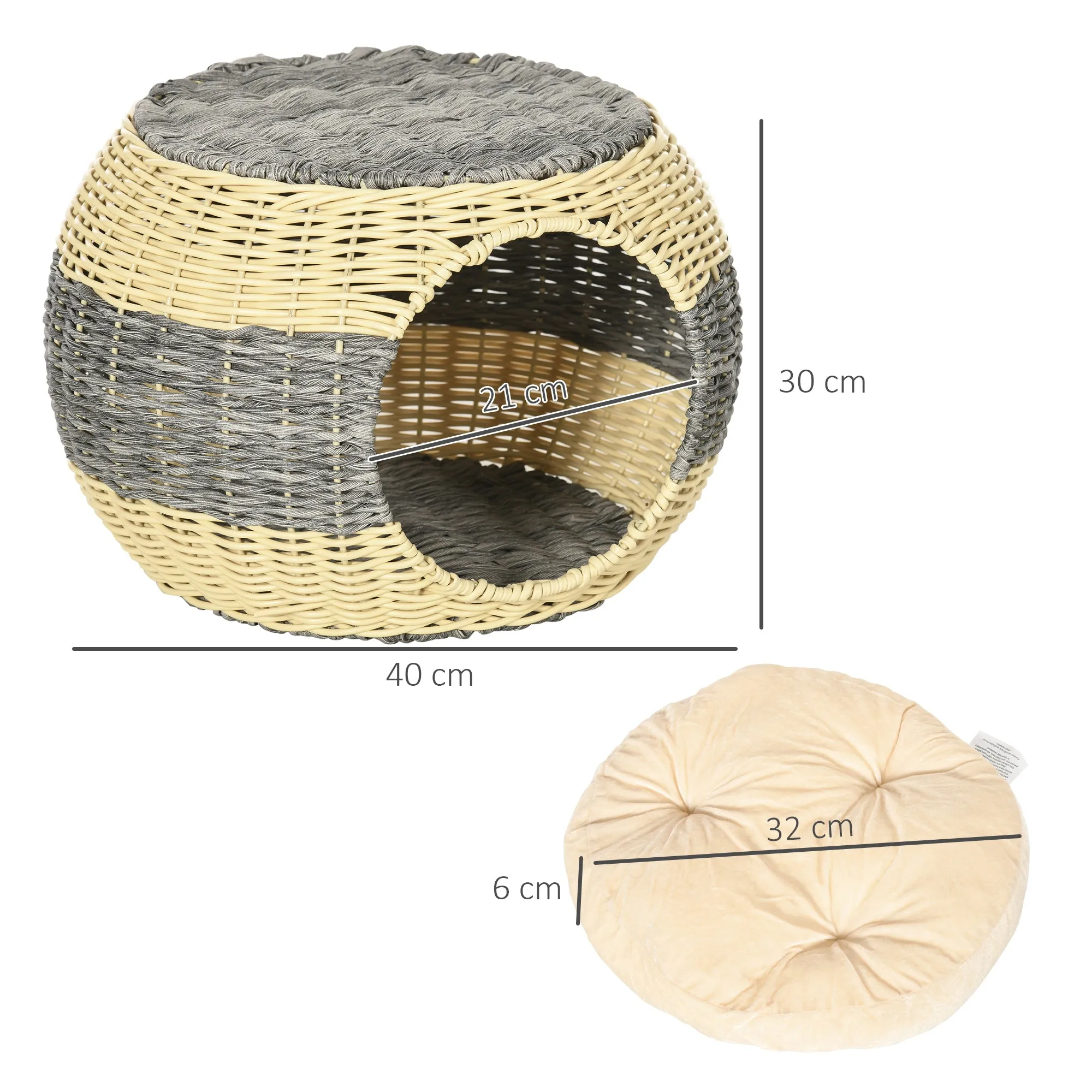 PawHut Wicker Cat House, Rattan Raised Cat Bed w/ Soft Cushion, ?40 x 30cm
