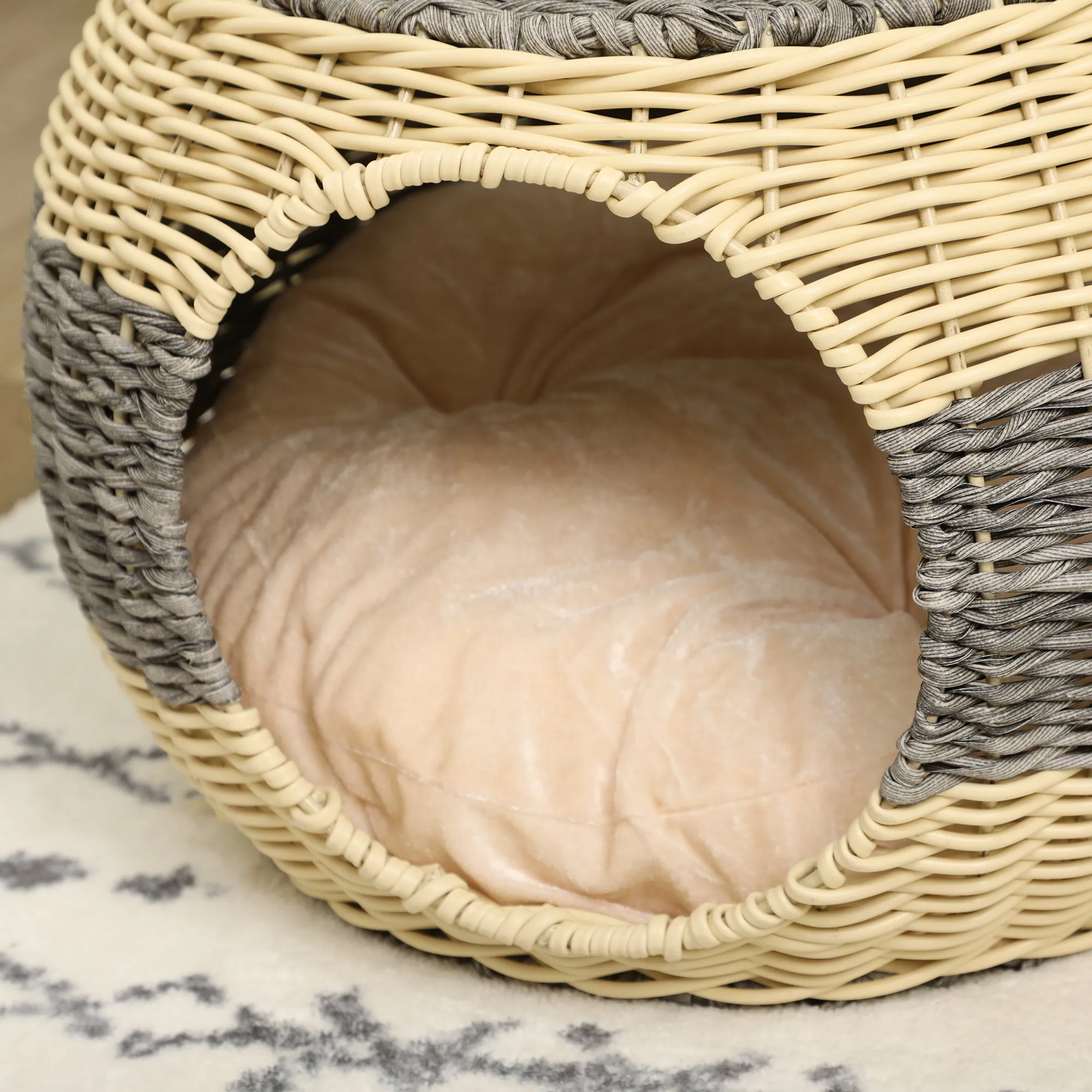 PawHut Wicker Cat House, Rattan Raised Cat Bed w/ Soft Cushion, ?40 x 30cm