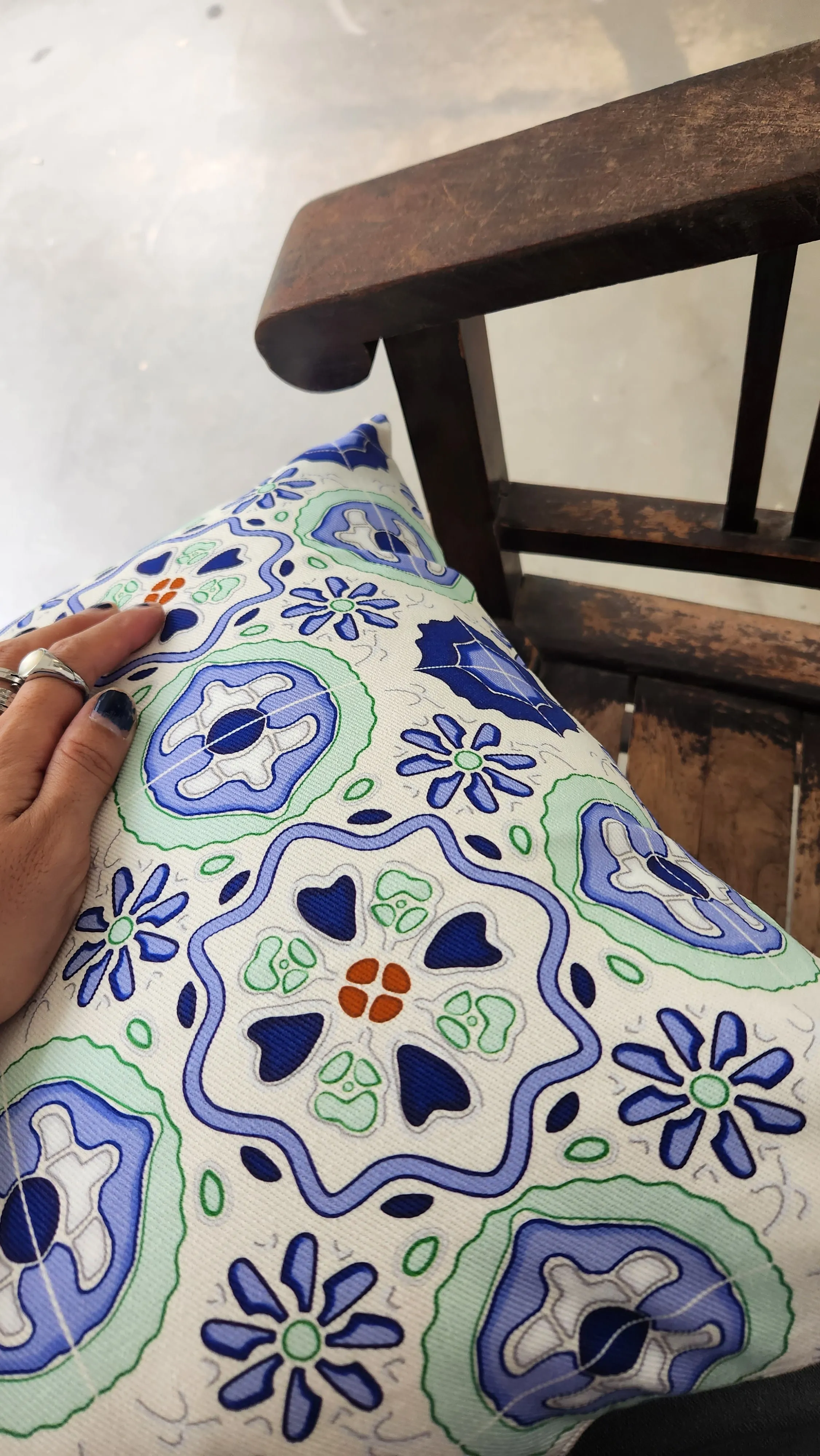 Peranakan Tile Cushion Cover Blue Tile