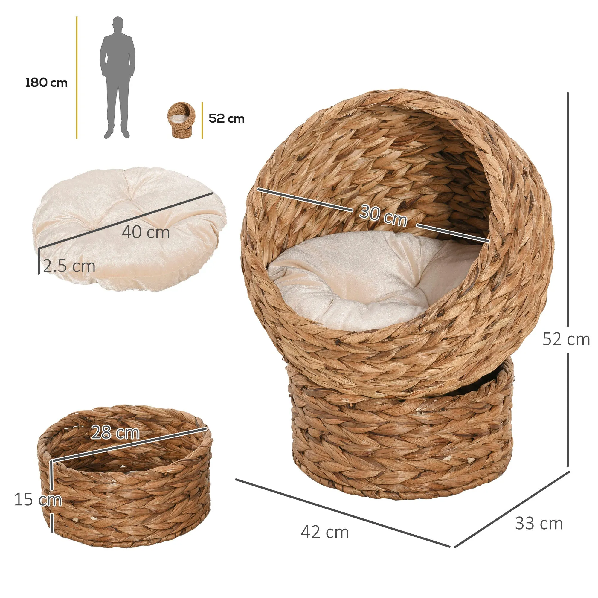 Raised Rattan Cat Bed w/ Soft Cushion, 42 x 33 x 52cm - Brown