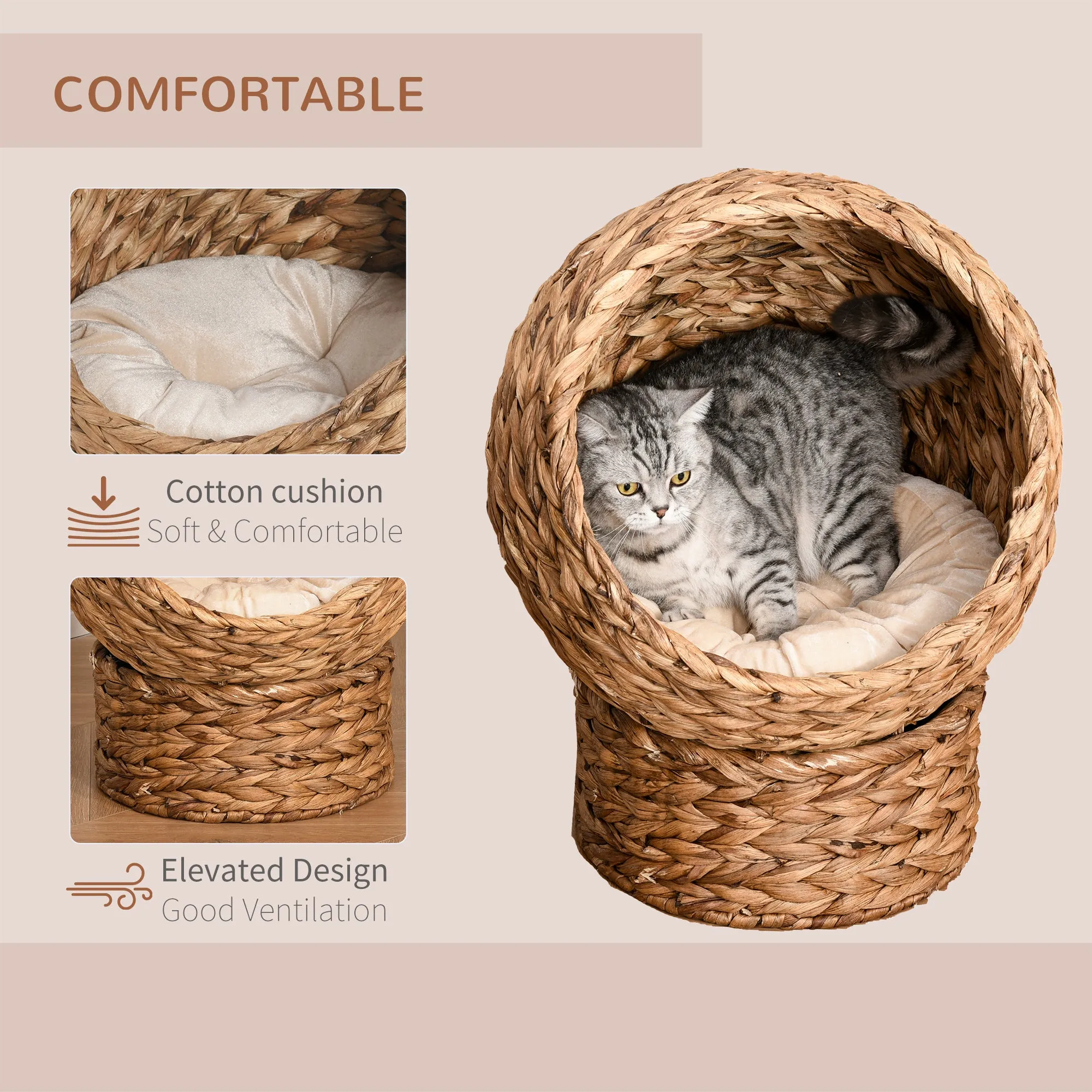Raised Rattan Cat Bed w/ Soft Cushion, 42 x 33 x 52cm - Brown