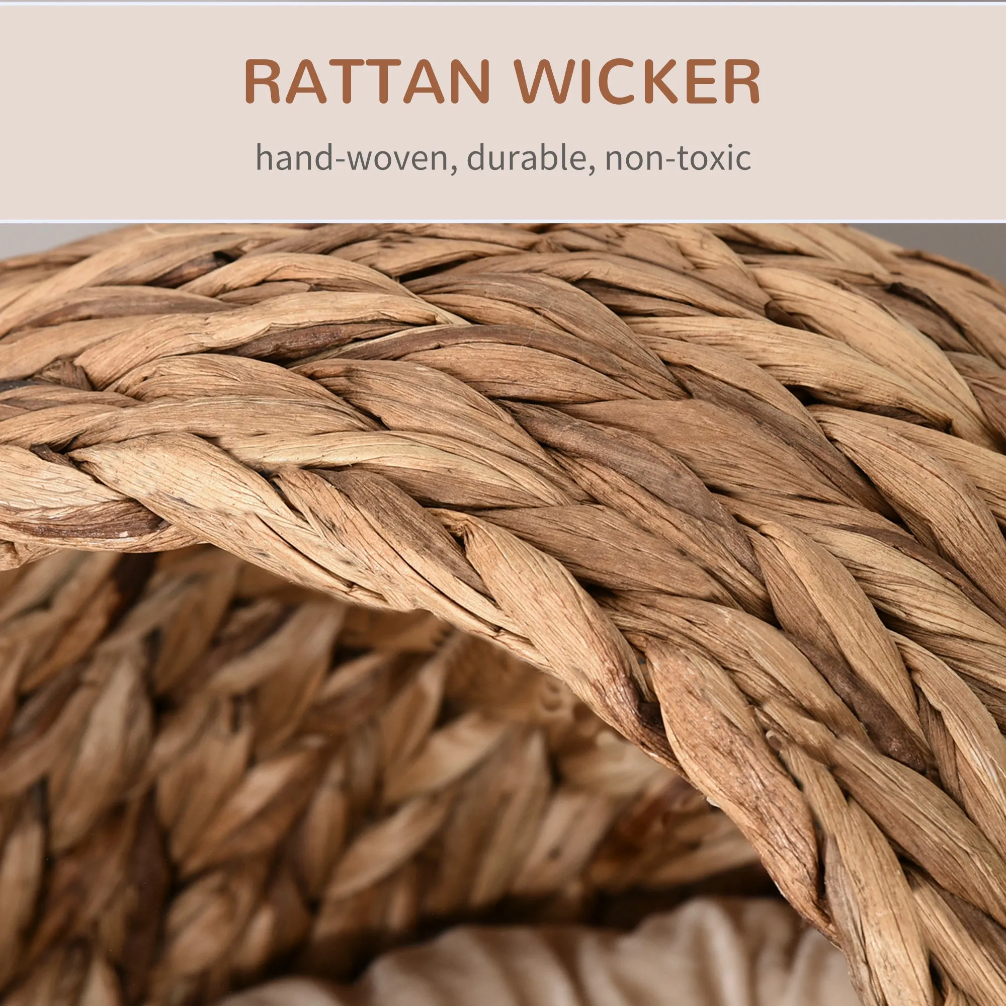 Raised Rattan Cat Bed w/ Soft Cushion, 42 x 33 x 52cm - Brown