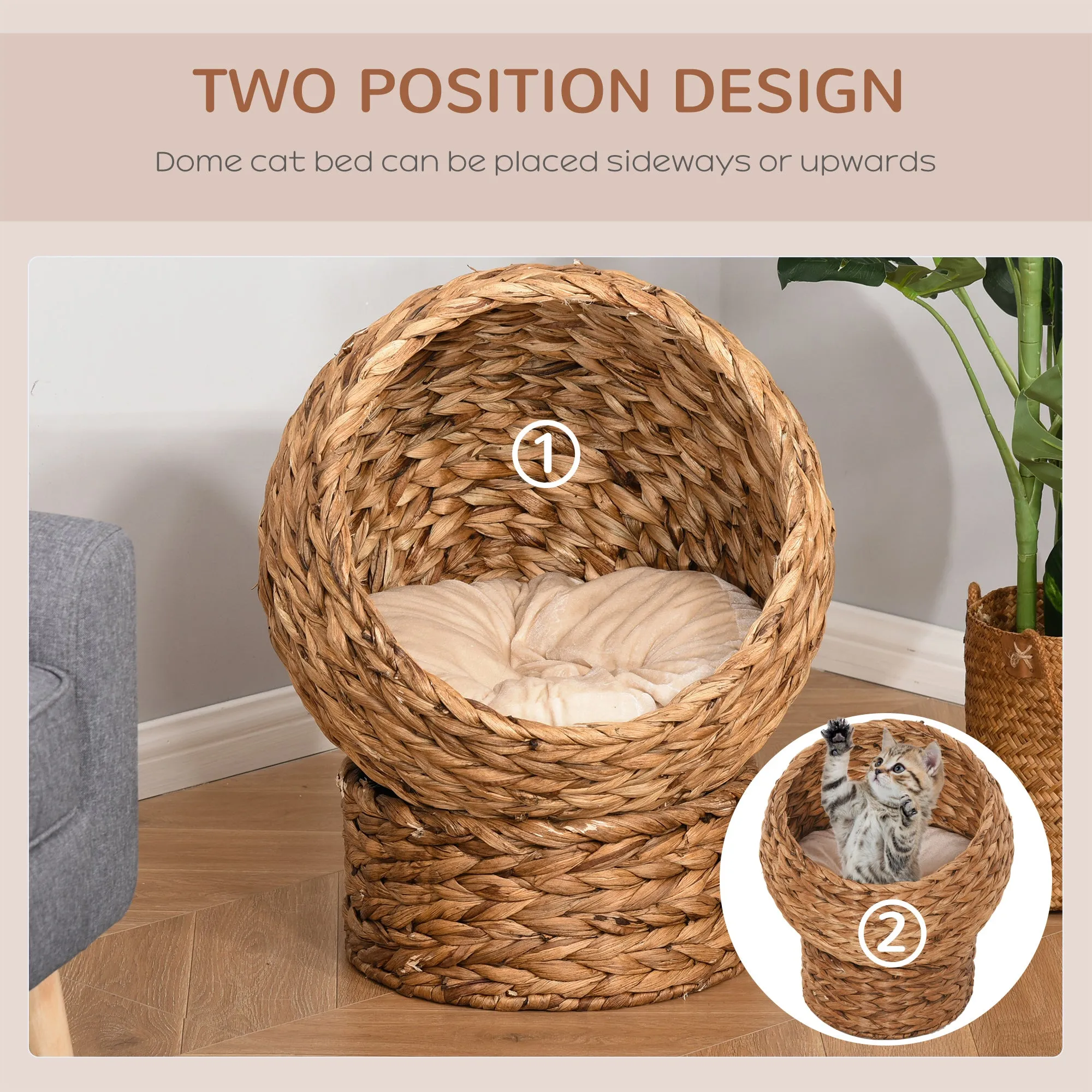 Raised Rattan Cat Bed w/ Soft Cushion, 42 x 33 x 52cm - Brown