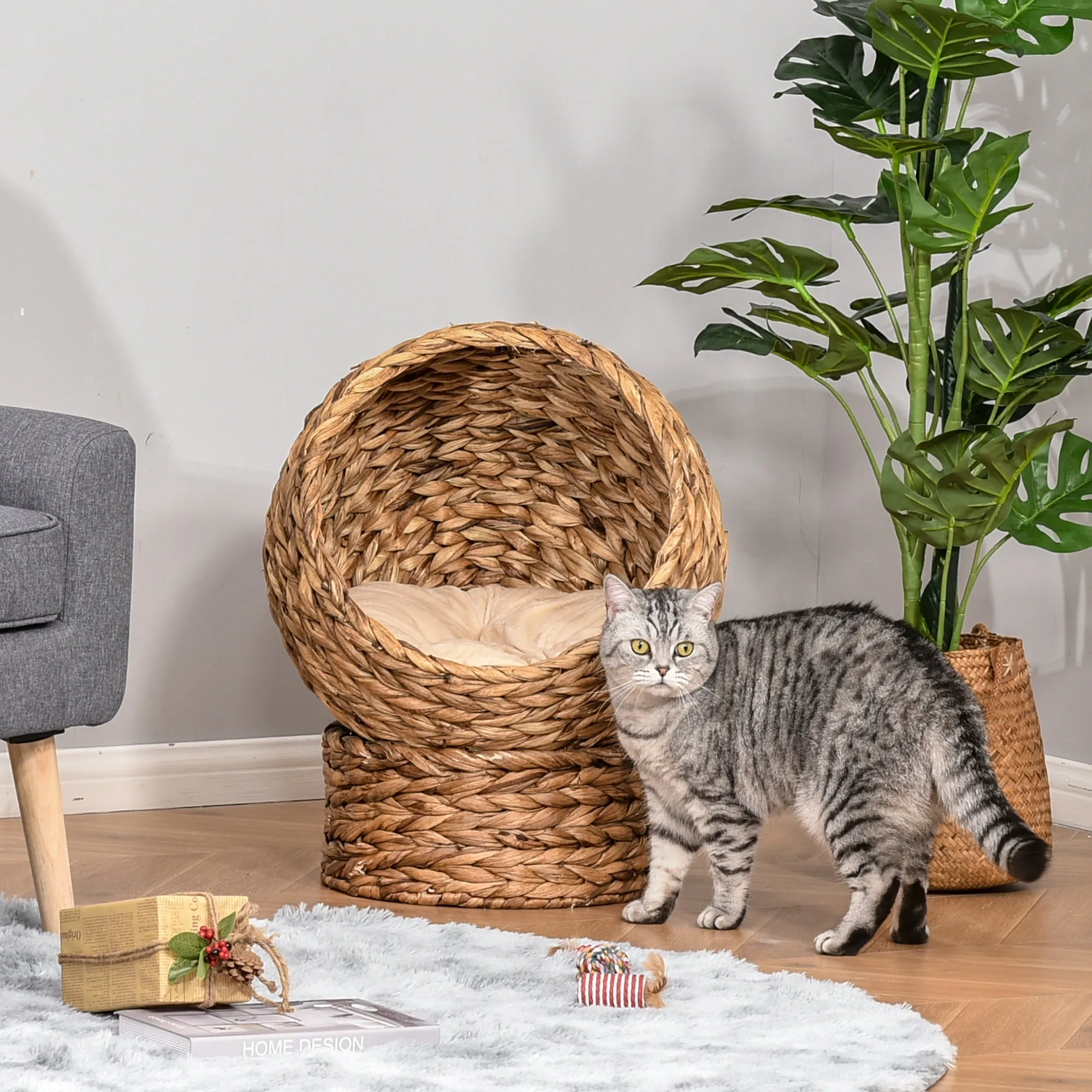Raised Rattan Cat Bed w/ Soft Cushion, 42 x 33 x 52cm - Brown